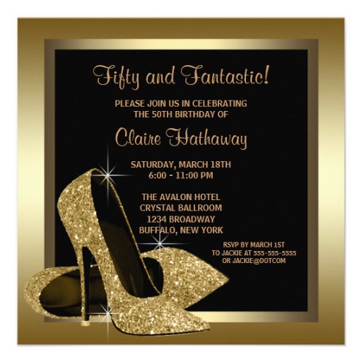 Black Gold High Heels Womans 50th Birthday Personalized Announcement (front side)