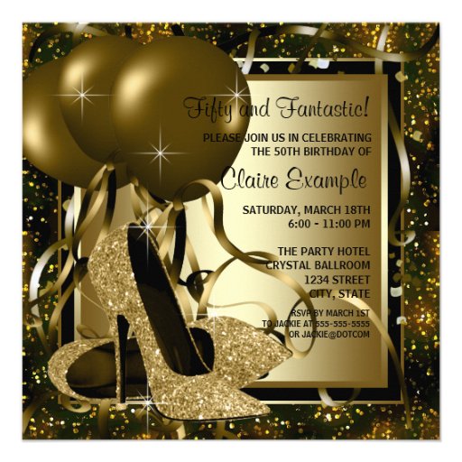 Black Gold High Heels Womans Birthday Party Custom Invitations (front side)