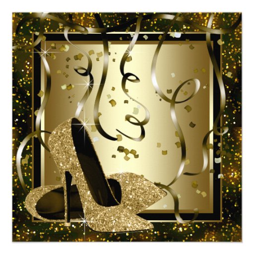 Black Gold High Heels Womans Birthday Party Custom Invitations