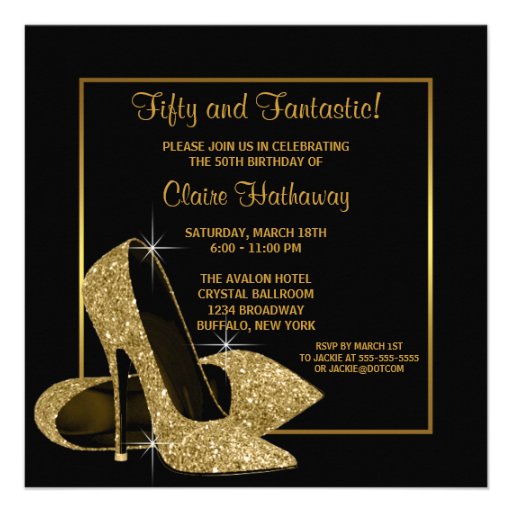 Black Gold High Heels Womans Birthday Party Custom Announcements (front side)