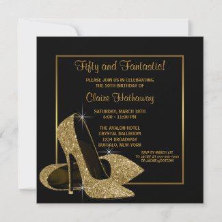 Black Gold High Heels Womans Brithday Party Custom Announcements