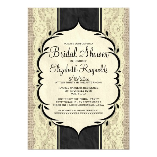 Black Gold Linen Burlap Lace Bridal Shower Invites