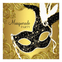 Black Gold Mask Masquerade Party Personalized Announcements