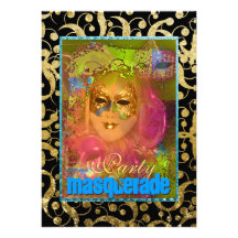 Black gold "masquerade party" venetian carnival custom invitations