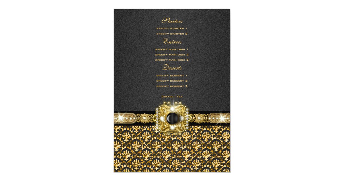 Black gold menu damask wedding template card Zazzle
