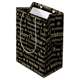 Black & Gold Merry Christmas In Different Language Medium Gift Bag