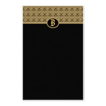 Black Gold Monogram Damask Stationery