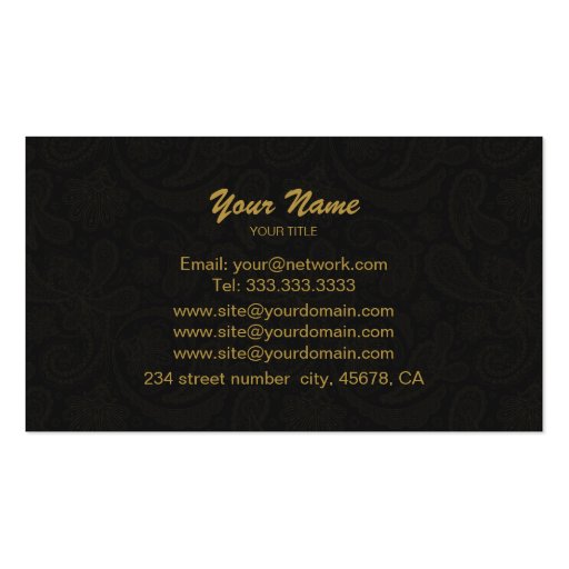 Black & Gold Ornate Paisley Pattern Business Card Templates (back side)