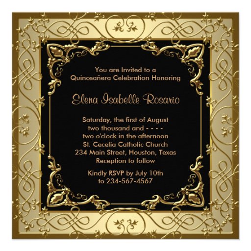 Black Gold Quinceanera Personalized Invites