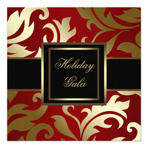 Black Gold Red Damask Holiday Party Invitations (front side)
