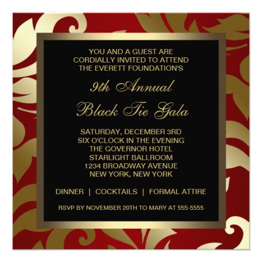 Black Gold Red Damask Holiday Party Invitations