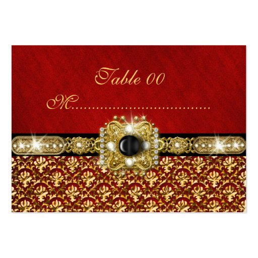 Black gold red damask "table number" wedding business card template (front side)