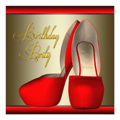 Black Gold Red High Heel Shoes Birthday Party Personalized Announcements