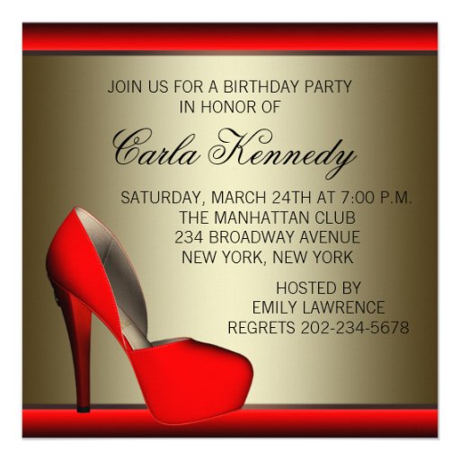 Black Gold Red High Heel Shoes Birthday Party Personalized Announcements