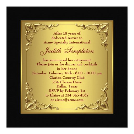 Black Gold Red Rose Womans Retirement Party Custom Announcements