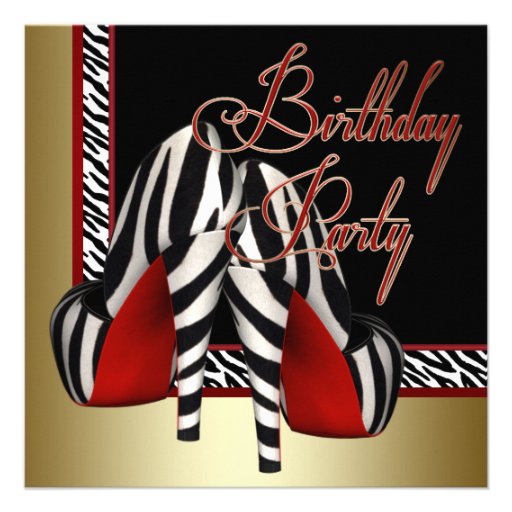 Black Gold Red Zebra High Heels Birthday Party Invitation