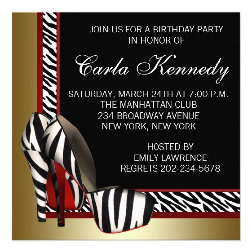 Black Gold Red Zebra High Heels Birthday Party Invitation