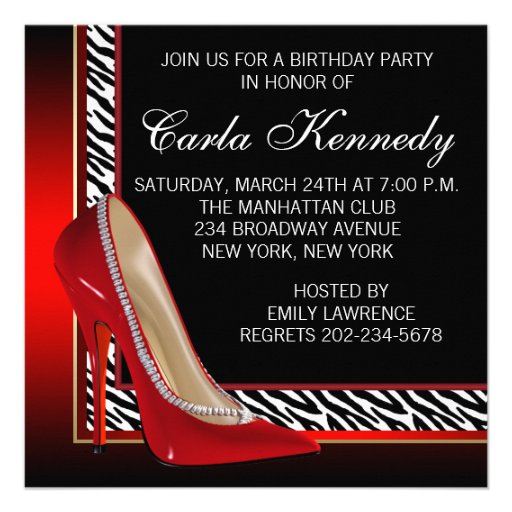 Black Gold Red Zebra High Heels Birthday Party Invite