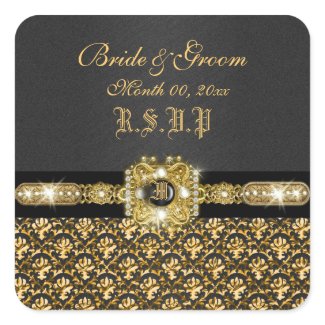 Black gold rsvp wedding damask sticker