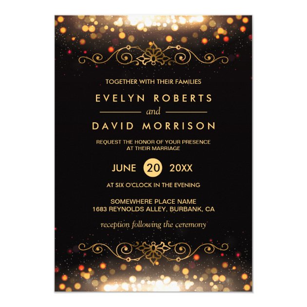Black Gold Shiny Bokeh Sparkles Formal Wedding 5x7 Paper Invitation Card (front side)