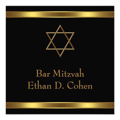Black Gold Star of David Bar Mitzvah Personalized Invite (front side)