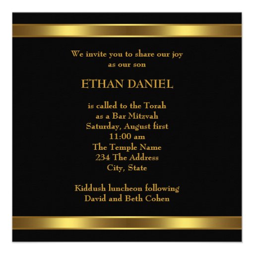 Black Gold Star of David Bar Mitzvah Personalized Invite