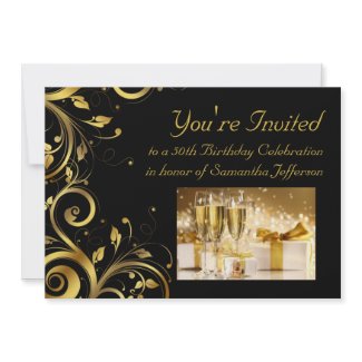 Black & Gold Swirl 5x7 Custom 50th Birthday Party invitation