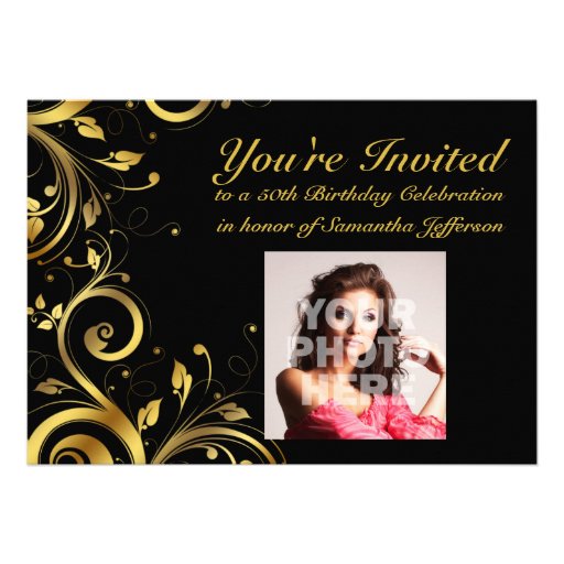 Black+Gold Swirl, Custom Photo 50th Birthday Party Personalized Invitation