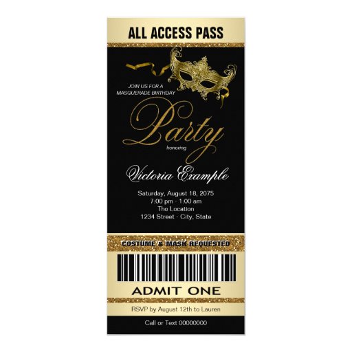Black Gold Ticket Style Masquerade Party Card Zazzle