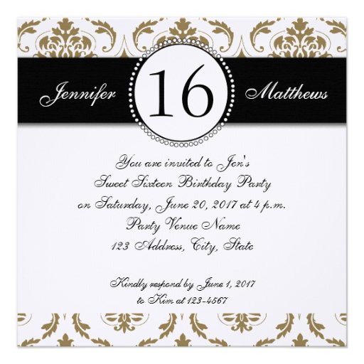 Black Gold White Damask Sweet Sixteen Invitations