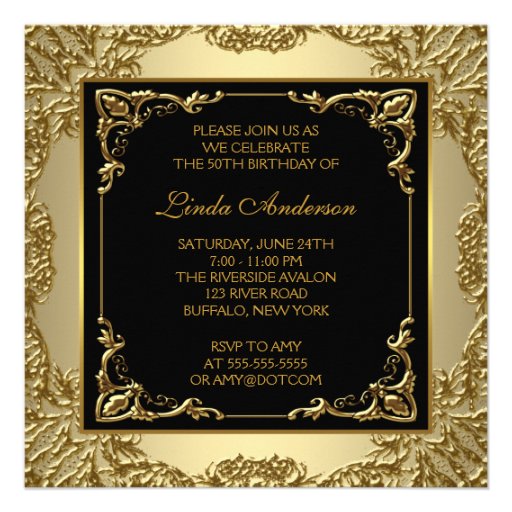 Black Gold Womans 50th Birthday Party Personalized Invites