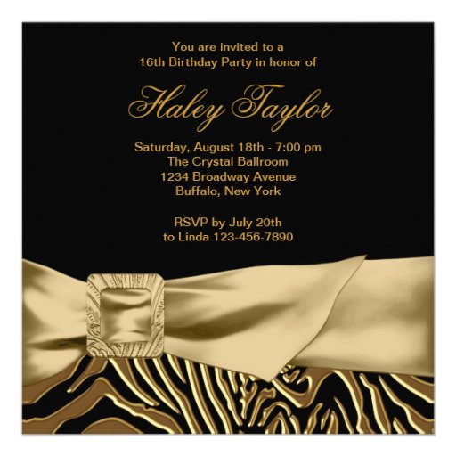 Black Gold Zebra Sweet 16 Birthday Party Custom Invites