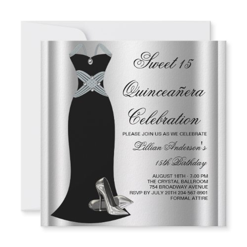Black Gown High Heel Shoes Sweet 15 Quinceanera invitations