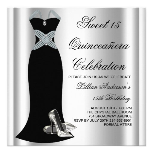 Black Gown High Heel Shoes Sweet 15 Quinceanera Custom Invitations