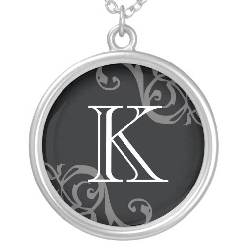 Black gray flourish initial monogram letter charm necklace