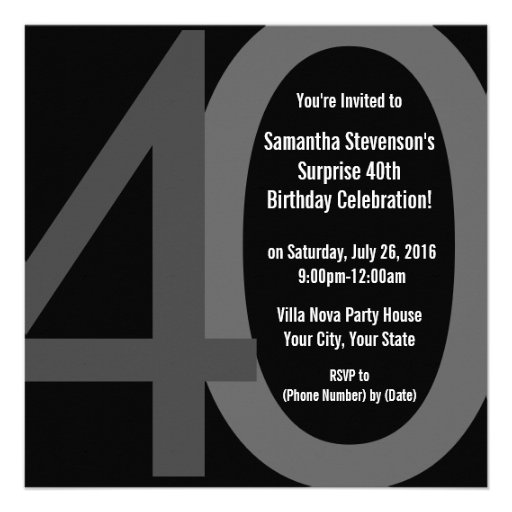 Black/Gray Square Big 40 Birthday Party Invitation (front side)