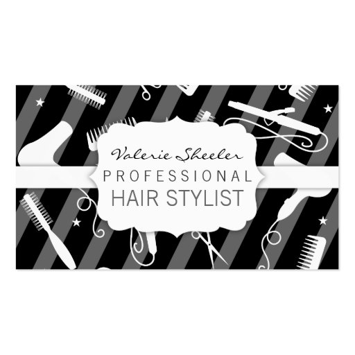Black Gray & White Hair Salon Tools Business Card (front side)