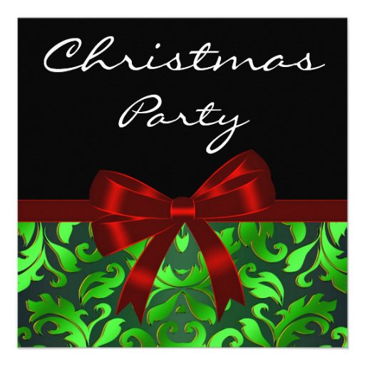Black Green Damask Red Bow Christmas Party Personalized Invites
