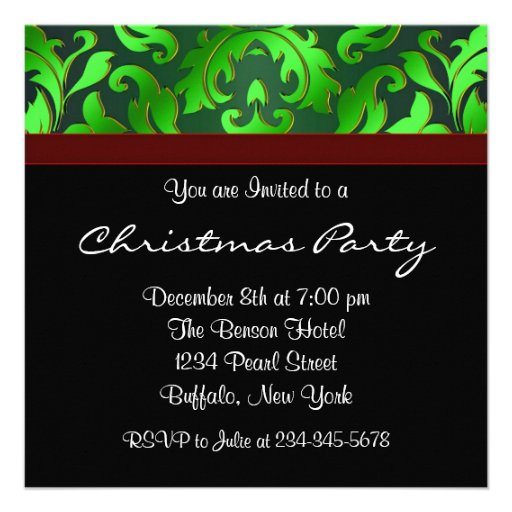 Black Green Damask Red Bow Christmas Party Personalized Invites