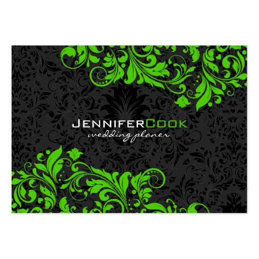 Black & Green Floral Damasks 5 Wedding Planner Business Card Template (front side)