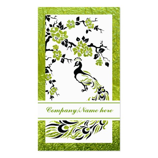 Black, green peacock and cherry blossoms business card template (front side)