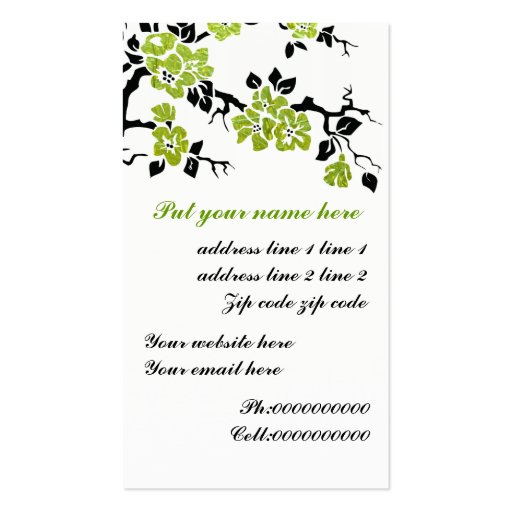Black, green peacock and cherry blossoms business card template (back side)