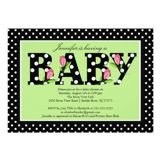 Black Green Polka Dot "baby"  Baby Shower Custom Invitation