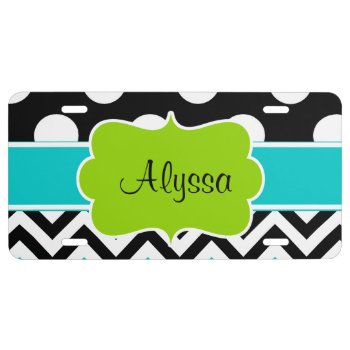Black Green Teal Dots Chevron Personalized License Plate