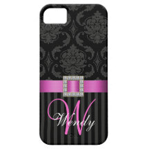 Black Grey Hot Pink Damask Stripes iPhone 5 Cases