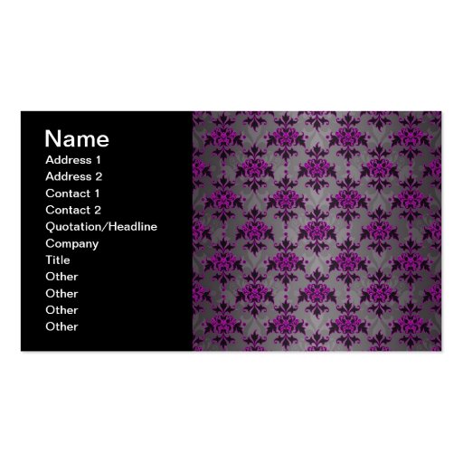 Black Grey Purple Victorian Damask Pattern Business Card Template (front side)
