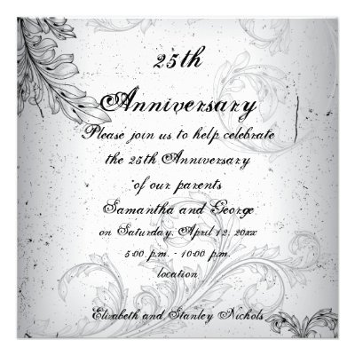 Black grey scroll leaf silver wedding anniversary invite