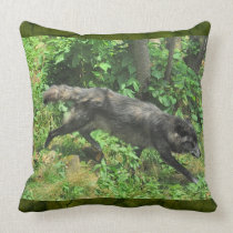 Black Grey Wolf in Forest Wildlife Throw Pillow