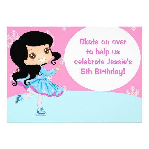 Black Hair Girl Ice Skating Birthday Invitation