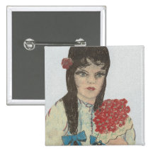 Black Haired Blue Eyed Flower Girl Pinback Buttons